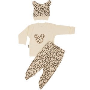 Kız Bebek Ekru Kahve Leopar Desenli Bereli Pijama Takımı 0-3 Ay