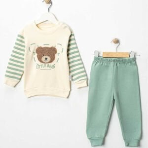 Erkek Bebek Ekru Yeşil Çizgili Ayı Nakışlı 2'li Takım