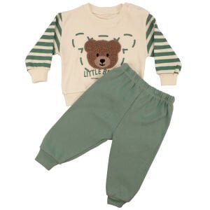 Erkek Bebek Ekru Yeşil Çizgili Ayı Nakışlı 2'li Takım