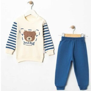 Erkek Bebek Ekru Mavi Çizgili Ayı Nakışlı 2'li Takım