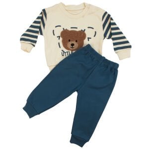 Erkek Bebek Ekru Mavi Çizgili Ayı Nakışlı 2'li Takım