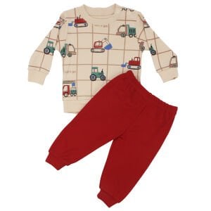 Erkek Bebek Bej Kırmızı Traktör Baskılı 2'li Takım