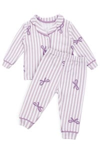 Kız Bebek Beyaz Lila Fiyonklu Çizgili Pijama Takımı