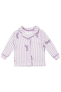Kız Bebek Beyaz Lila Fiyonklu Çizgili Pijama Takımı