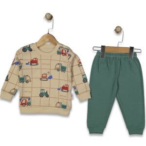 Erkek Bebek Bej Yeşil Traktör Baskılı 2'li Takım