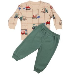 Erkek Bebek Bej Yeşil Traktör Baskılı 2'li Takım