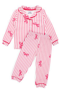 Kız Bebek Beyaz Pembe Fiyonklu Çizgili Pijama Takımı
