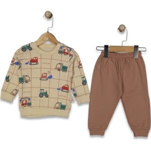 Erkek Bebek Kahve Traktör Baskılı 2'li Takım