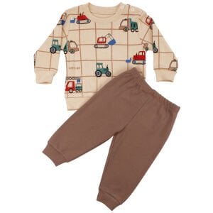 Erkek Bebek Kahve Traktör Baskılı 2'li Takım