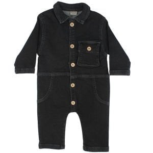 Unisex Siyah Cepli Düğmeli Kot Tulum