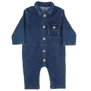 Unisex Lacivert Cepli Düğmeli Kot Tulum