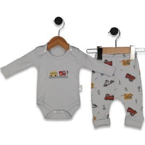Erkek Bebek Gri Araba Desenli Zıbınlı 2'li Takım