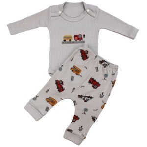 Erkek Bebek Gri Araba Desenli Zıbınlı 2'li Takım