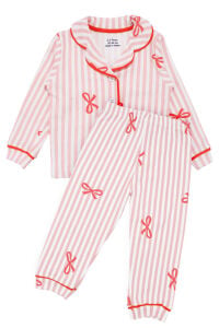 Kız Bebek Beyaz Pudra Fiyonklu Çizgili Pijama Takımı