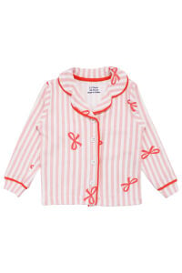 Kız Bebek Beyaz Pudra Fiyonklu Çizgili Pijama Takımı