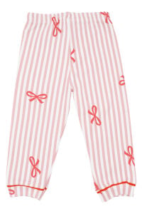 Kız Bebek Beyaz Pudra Fiyonklu Çizgili Pijama Takımı