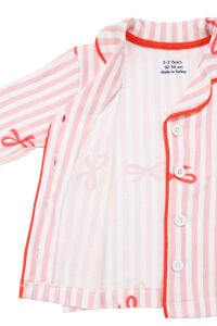 Kız Bebek Beyaz Pudra Fiyonklu Çizgili Pijama Takımı