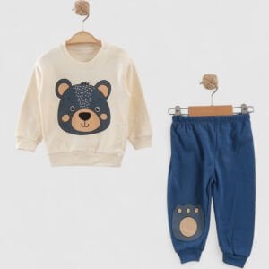 Erkek Bebek Ekru Mavi Ayılı Baskılı 2'li Takım