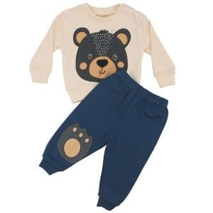 Erkek Bebek Ekru Mavi Ayılı Baskılı 2'li Takım