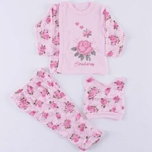 Kız Bebek Pembe Güllü Kanaviçe Nakışlı 3'lü Pijama Takımı