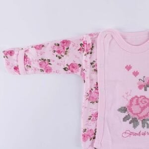 Kız Bebek Pembe Güllü Kanaviçe Nakışlı 3'lü Pijama Takımı