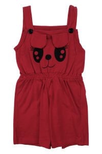 Kız Çocuk Kırmızı Siyah Kedi Gözü Baskılı Belden Lastikli Askılı Tulum