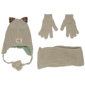 Kız Çocuk Haki Leopar Kulaklı Lovers Yazılı Atkı Bere Takımı 4-8 Yaş