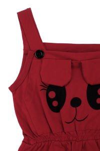 Kız Çocuk Kırmızı Siyah Kedi Gözü Baskılı Belden Lastikli Askılı Tulum