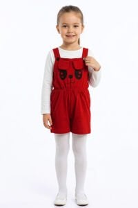 Kız Çocuk Kırmızı Siyah Kedi Gözü Baskılı Belden Lastikli Askılı Tulum