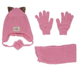 Kız Çocuk Pembe Leopar Kulaklı Lovers Yazılı Atkı Bere Takımı 4-8 Yaş