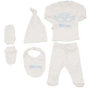 Erkek Bebek İsme Özel Mavi Nakışlı Bereli Eldivenli 5 Parça Hastane Çıkış Seti 0-3 Ay