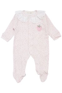 Kız Bebek Pembe Beyaz Fisto Dantel Yakalı Çiçek Nakışlı Tulum 0-3 Ay