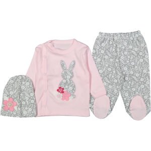 Kız Bebek Çiçekli Tavşan Nakışlı Somon Gri 3'lü Hastane Çıkış Seti