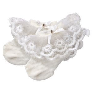 Kız Bebek Ekru Tüllü Dantelli Taşlı Fiyonklu Çorap 0-6 Ay