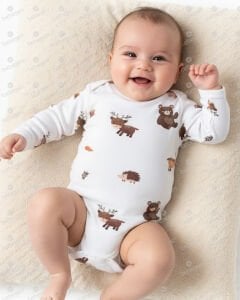 Unisex Ekru Kahve Ceylanlı Desenli Uzun Kol Body Zıbın