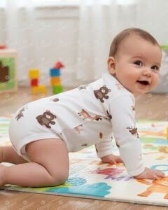 Unisex Ekru Kahve Ceylanlı Desenli Uzun Kol Body Zıbın