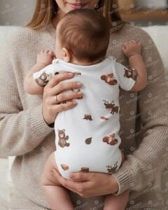 Unisex Ekru Kahve Ceylanlı Desenli Kısa Kol Body Zıbın