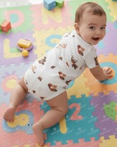 Unisex Ekru Kahve Ceylanlı Desenli Kısa Kol Body Zıbın