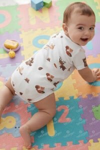 Unisex Ekru Kahve Ceylanlı Desenli Kısa Kol Body Zıbın