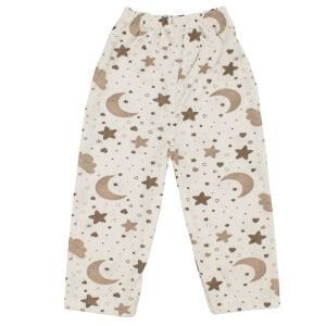 Unisex Beyaz Kahve Ay Yıldız Desenli Çıtçıtlı Pijama Takımı