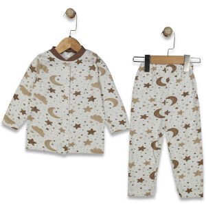 Unisex Beyaz Kahve Ay Yıldız Desenli Çıtçıtlı Pijama Takımı