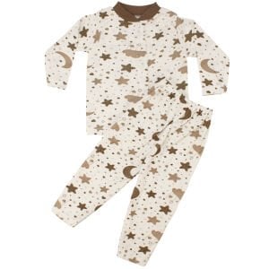 Unisex Beyaz Kahve Ay Yıldız Desenli Çıtçıtlı Pijama Takımı