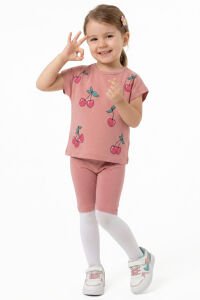 Kız Çocuk Pembe Kiraz Desenli Şortlu 2'li Takım
