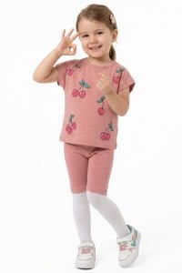 Kız Çocuk Pembe Kiraz Desenli Şortlu 2'li Takım