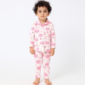Kız Bebek Ekru Pembe Baby Ayılı Desenli Yakalı Çıtçıtlı Pijama Takımı 0-6 Ay