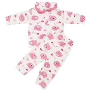 Kız Bebek Ekru Pembe Baby Ayılı Desenli Yakalı Çıtçıtlı Pijama Takımı 0-6 Ay