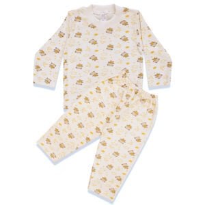 Unisex Beyaz Sarı Yıldız Ayılı Desenli Pijama Takımı