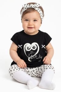 Kız Bebek Siyah Beyaz Lovely Yazılı Çicekli Desenli Taytlı Bandanalı 2'li Takım