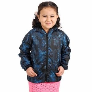 Kız Çocuk Siyah Mavi Çiçek Desenli İçi Polar Yağmurluk