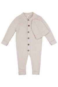 Erkek Bebek Bej Düğmeli Bereli Triko Tulum